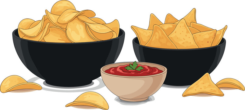 Crispy potato chips and tortilla nachos bowls with tomato dip sauce isolated on white background snack food vector illustration