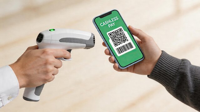 Business man using scanner to read qr code on smartphone screen for cashless payment transaction technology concept
