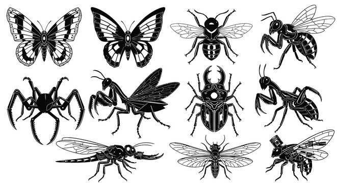 Robotic Cyberpunk Insects and Mechanical Bugs Vector Set