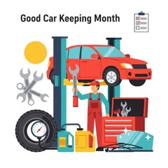 Naklejka premium Good Car Keeping Month illustration with mechanic and car