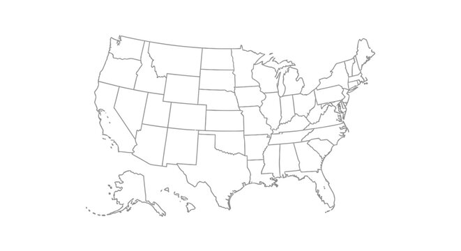 US Map Outline: A minimalist line drawing showcases the contiguous United States, highlighting the shapes and boundaries of each state.