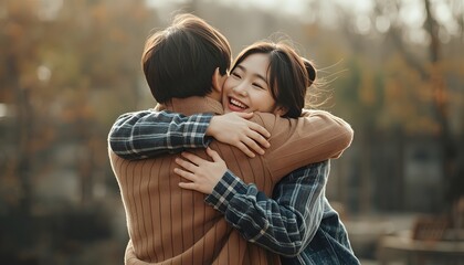 Fototapeta premium Warm autumn embrace between two people outdoors showing close connection friendship love and comfort perfect for seasonal lifestyle emotional support and family moments