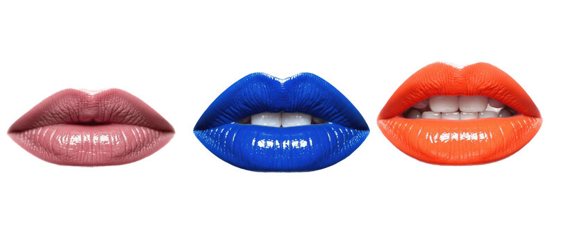 Set of shimmery mauve, vivid blue, and bright orange lips with glossy lipstick, arranged in a row to highlight playful, creative and edgy makeup combinations

