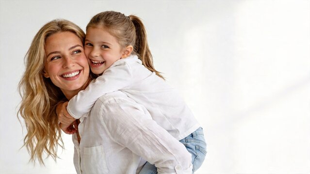 Happy beautiful mother smiling woman holding young daughter on back joyful family moment love and happiness pure white background with soft lighting
