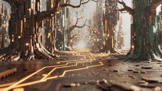 Futuristic digital forest with glowing circuit paths and tech trees