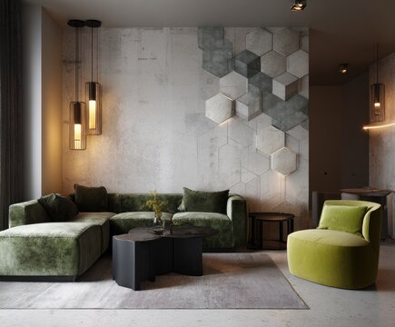 A modern living room showcases a stylish green sectional sofa, geometric textured wall, and contemporary lighting fixtures, creating a sophisticated and inviting interior space.