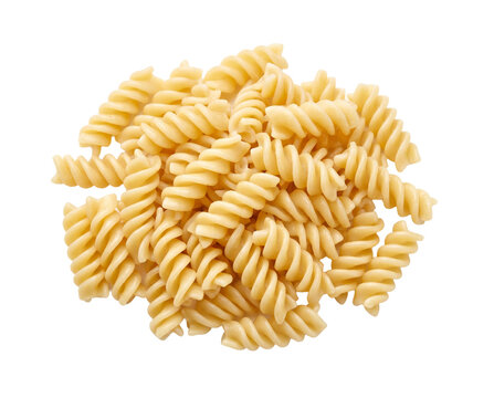 Isolated Cluster of cooked spiral pasta pieces piled loosely together displaying glossy a