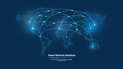 Global Digital Network Connections Map with Glowing Data Links, World Communication Technology and Big Data Exchange Concept on Blue Background © ket4up