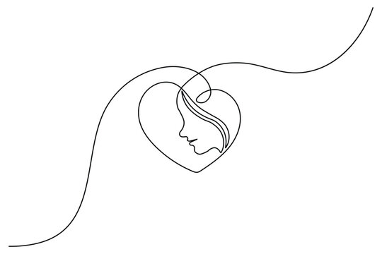 Minimalist one-line drawing of a woman's profile inside a heart shape. Elegant vector illustration for Mother's Day, love, and feminine concepts.