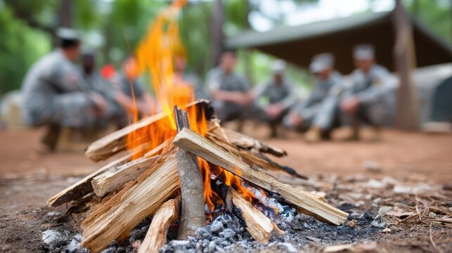 A military group shares coffee by the campfire, surrounded by trees at night while flames dance on wood and create a warm glow
