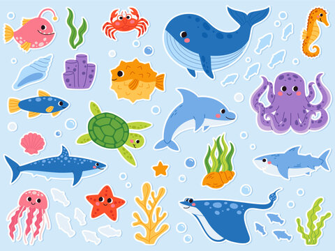 A cute set of marine animal stickers. Fish, whales, octopuses, crabs, shells, and other ocean creatures. Perfect for children's designs, educational materials, and summer projects.