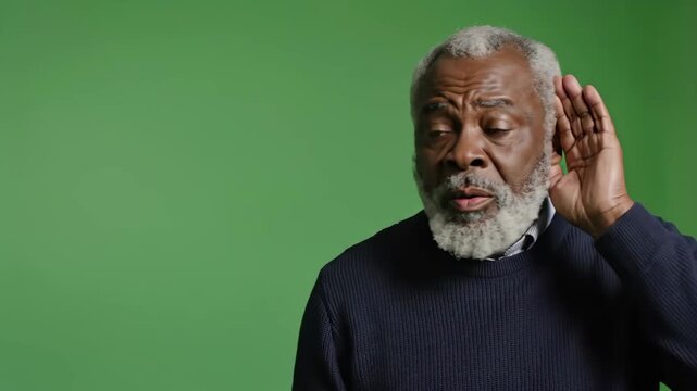 african american senior man with hand near ear trying to hear against green screen background. elderly male having hearing problems, deafness issue. healthcare, medical concept.