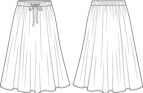 Women's Casual Flared Midi Skirt Featuring Elastic Drawstring Waistband and Gentle Pleats Professional Apparel Design Flat Sketch