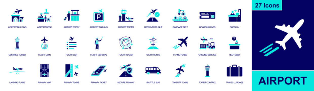 Airport travel icon set containing airport terminal, check in, boarding pass, baggage belt, control tower, runway, shuttle bus, luggage, flying plane and more, solid fill vector icons.