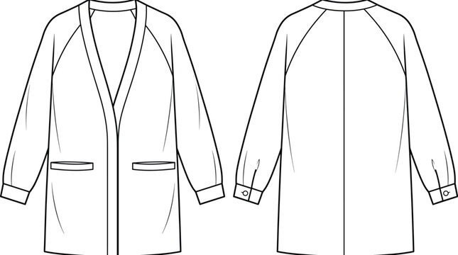Women's Longline Open Front Cardigan Featuring Raglan Sleeves Welt Pockets and Buttoned Cuffs Apparel Design Flat Sketch