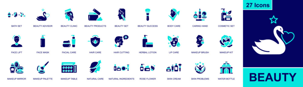 Beauty care icon set, containing bath set, beauty clinic, cosmetic set, face mask, facial care, makeup brush, skin cream, natural ingredients, hair care and more, solid fill vector icons.