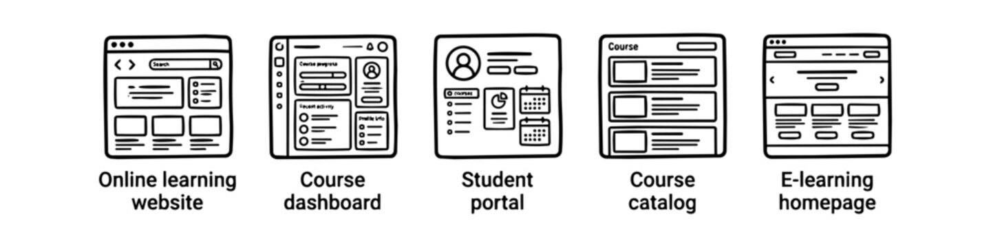 Set of hand-drawn e-learning website interface icons including online learning website, course dashboard, student portal, course catalog, and e-learning homepage doodle illustrations.