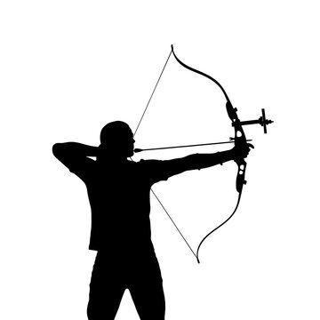 Silhouette of an archer drawing a bow aiming at target.
