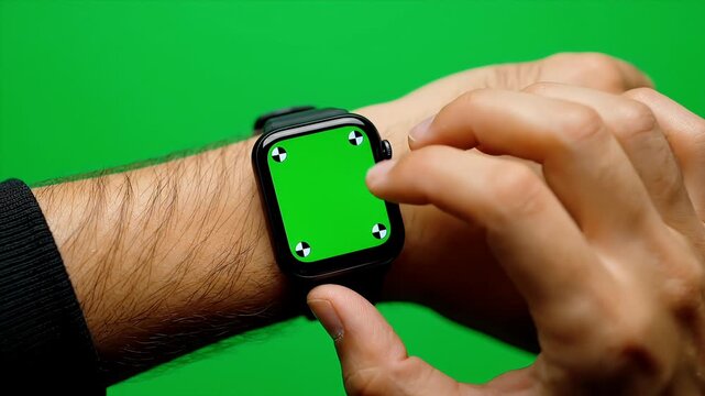 Close-up of a person's hand touching a smartwatch with a green screen display and tracking markers, set against a green background.