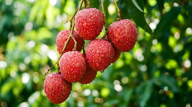 Cluster of ripe lychee fruits hanging on tree branch.