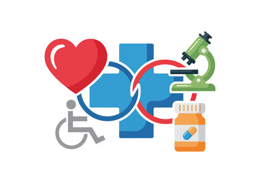 Medical healthcare illustration featuring heart cross microscope and wheelchair