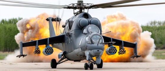 Naklejka premium A black combat helicopter flies above burning explosions and thick smoke, showing action in a military setting during day time