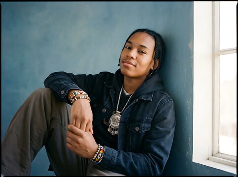 Young Black Man with Braids Leaning Against a Blue Wall by a Window.