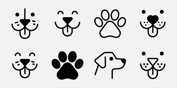  cute dog face and paw print icon set
