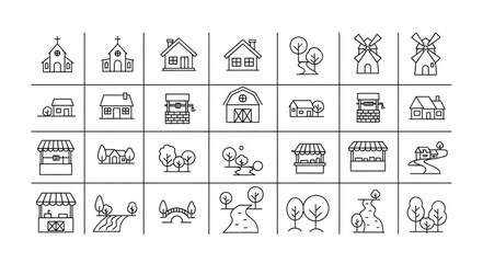 Collection of hand drawn village and farm building icons. © Celeng