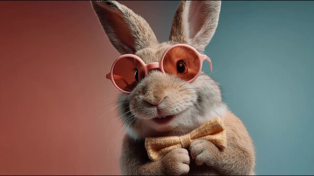 Rabbit wearing sunglasses and a bowtie waving its paw. Funny animal character in stylish outfit for festive greeting card. Easter celebration mascot portrait.
