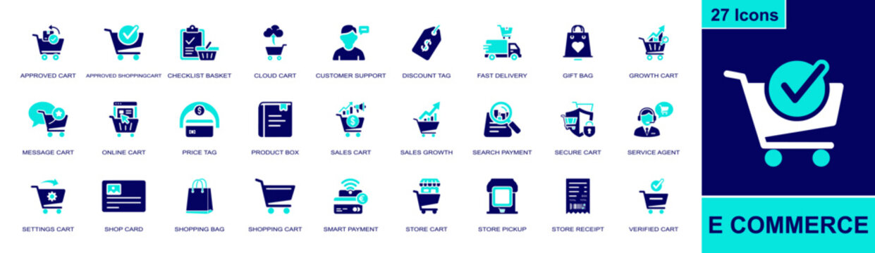 E commerce icon set. Containing shopping cart, shopping bag, discount tag, fast delivery, smart payment, secure cart, store pickup, receipt, support and more. Solid fill vector icons.
