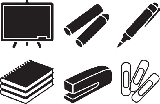 Classroom essentials icon set with board notebook pen and tools
