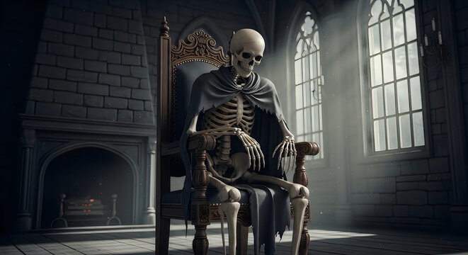 Spooky happy halloween a regal skeleton king on his throne in a dark castle