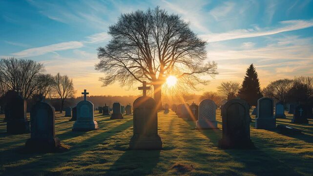 Cemetery at sunset with large tree and gravestone shadows. Golden sun rays illuminating grass memorial park. Peace and memorializing concept at days end time.