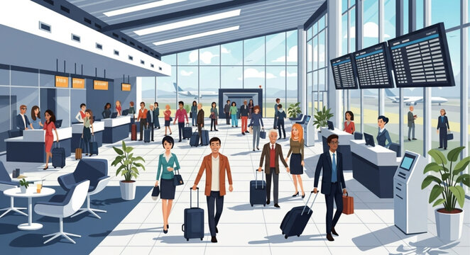 Busy Airport Terminal with Travelers and Luggage.