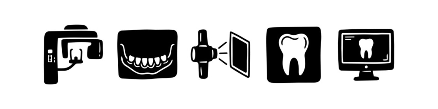 Hand-drawn dental x-ray icons set including panoramic machine, jaw scan, and monitor display. Minimalist black and white vector doodles for dentistry and oral health diagnostics.