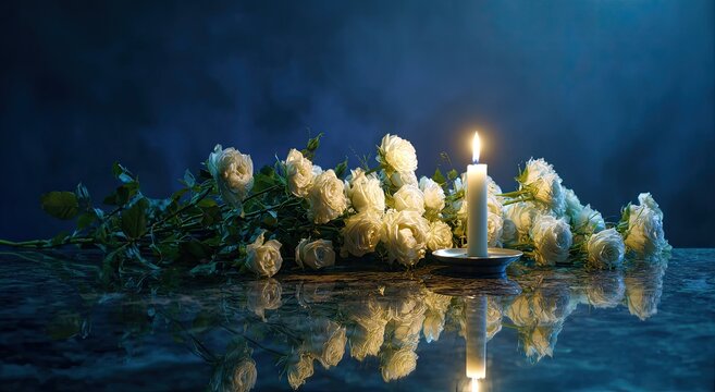 A serene still life captures a cascade of white roses and a flickering candle, their reflections shimmering on a dark, polished surface, evoking a sense of peace and remembrance.
