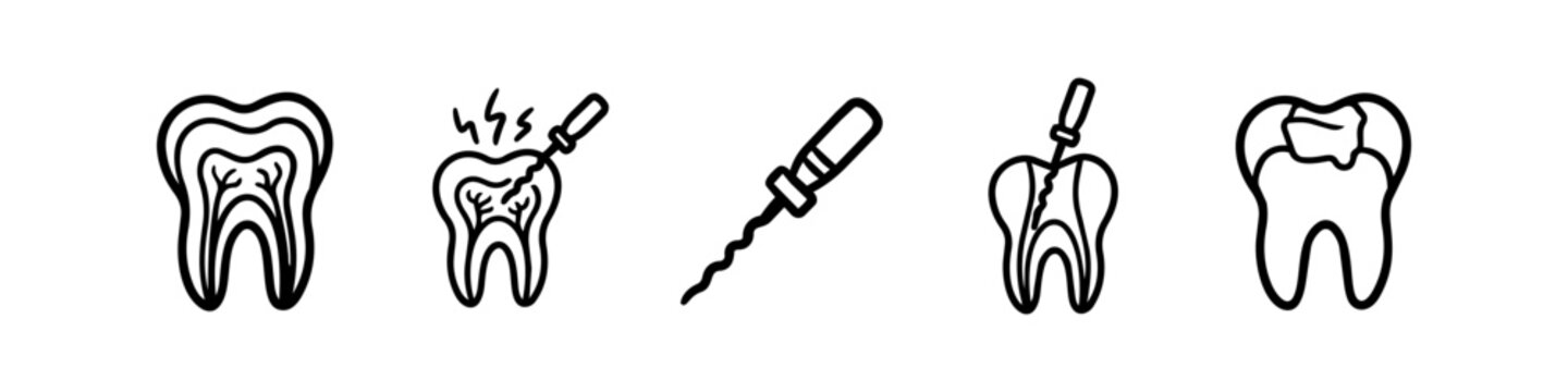 Set of dental root canal treatment icons showing tooth anatomy, endodontic procedure with files, and dental filling. Minimalist black line art for dentistry and oral health care.