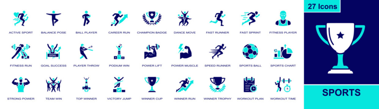 Sports icon set. Containing active sport, balance pose, fast runner, sports ball, champion badge, podium win, power lift, winner trophy, workout plan and more. Solid fill vector icons.