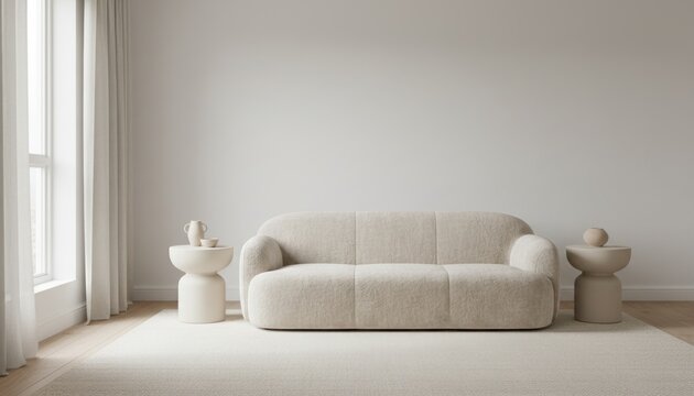 Minimalist beige sofa in bright living room, modern curved couch with side tables, neutral interior mockup with empty wall for art display