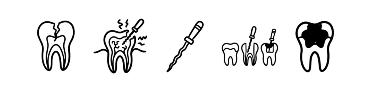 Set of dental icons illustrating root canal treatment and tooth decay processes. Minimalist black line art showing cracked teeth, dental files, and endodontic procedures for oral health.
