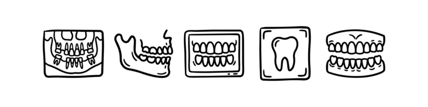 Hand-drawn dental icons set featuring X-rays, jaw profiles, and teeth. Minimalist black line art doodles for stomatology, oral hygiene, radiology, and dental healthcare concepts.