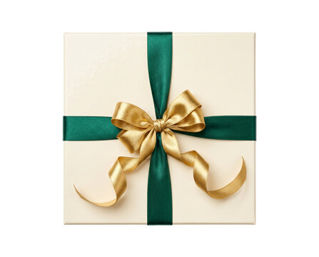 Isolated Luxury square gift box wrapped in deep emerald silk ribbon, gold metallic bow wi