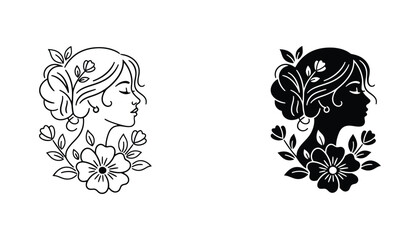 Elegant profile portrait of a woman surrounded by flowers vector illustration in black and white silhouette and line art styles for beauty and wellness branding © Meghna