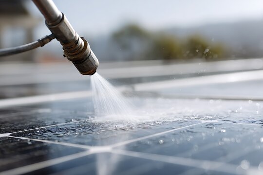 Close-up water spray on solar panel. Hose nozzle applying water on photovoltaic surface, droplets and flow visible, cleaning for energy output efficiency