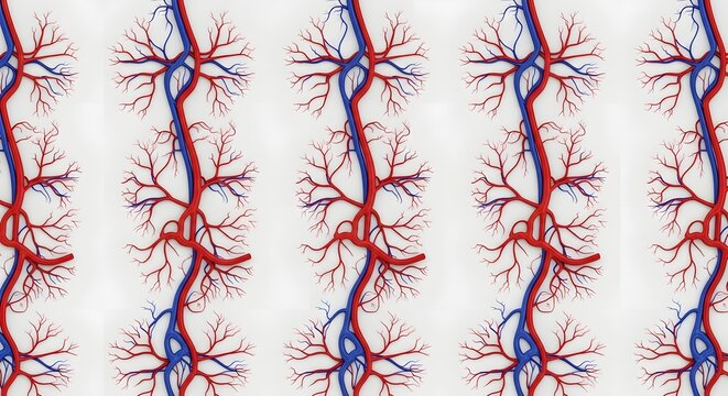 Abstract illustration of branching red and blue vascular structures on white