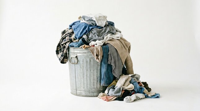 Metal garbage bin overflowing with unsorted used clothes. Textile waste heap for recycling or disposal. Concept of clothing donation, throwaway fashion and ecological sustainability.