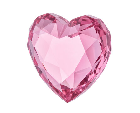 Isolated Faceted pink glass heart featuring geometric cut planes catching light, crystall