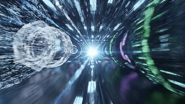 A futuristic tunnel or hyperspace corridor is depicted with blurred motion and glowing geometric structures, creating a sense of speed and advanced technology.