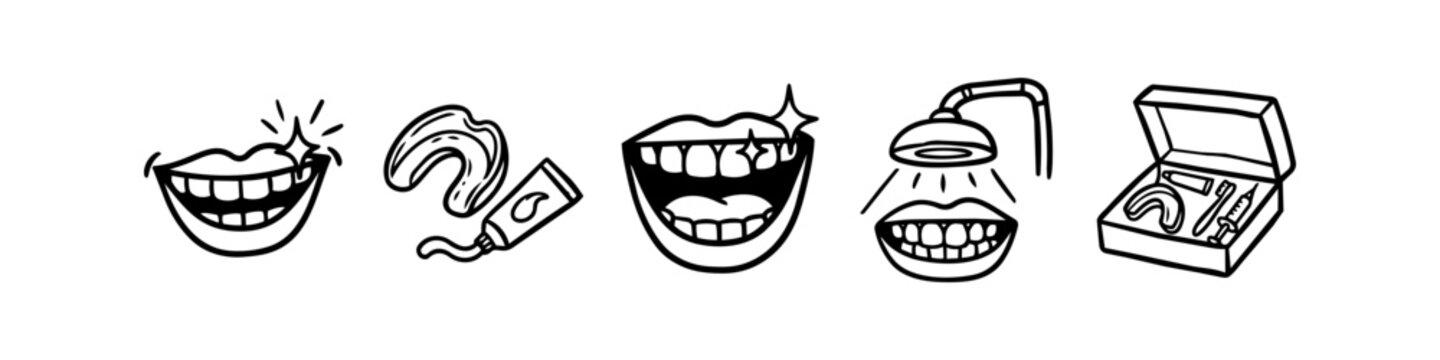 Set of hand-drawn dental whitening icons featuring a whitening kit, LED light, gel, and bright smiles. Perfect for oral hygiene, professional dentistry, and home care illustrations.